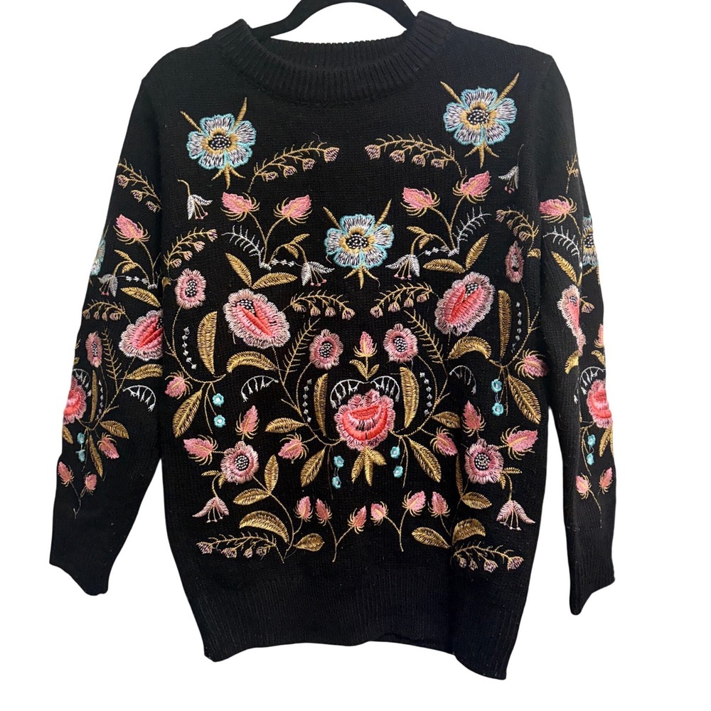 Lucy Paris Embroidered Floral Boho Black Crewneck Sweater Exclusive Large